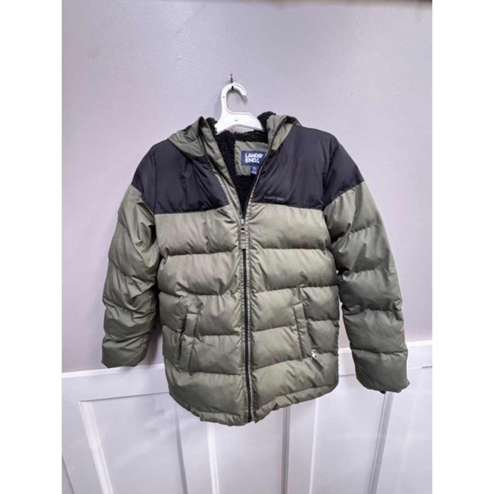Lands End Boys XL 14-16 Puffer Jacket Olive Green Black Primaloft Sherpa Lined